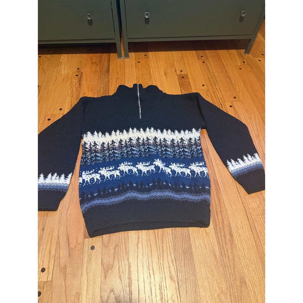 Knit Holiday Winter Moose Men's Sweater 1/4 Zip Dark Blue